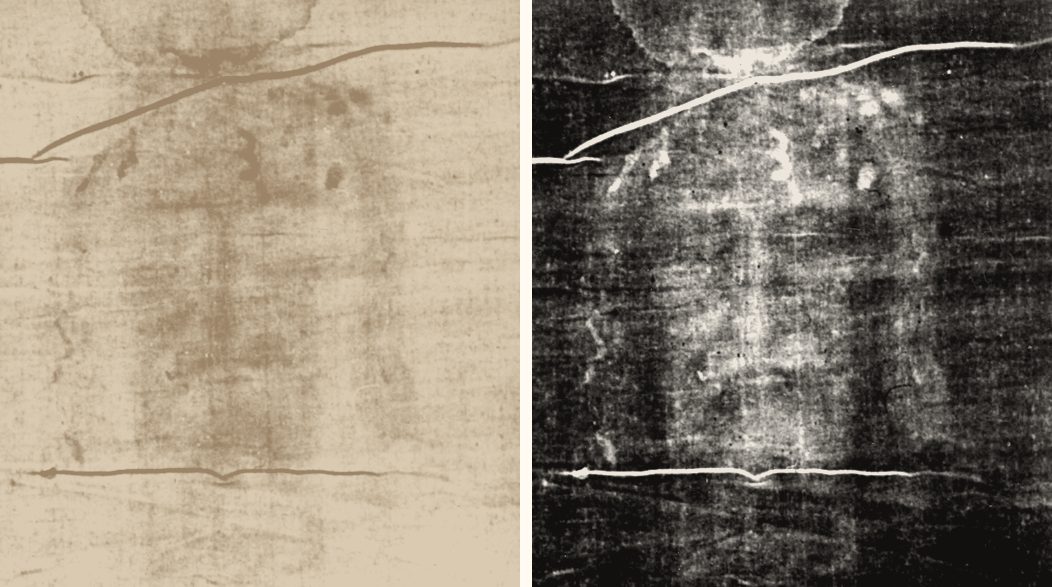 The face on the Shroud of Turin. On the left, a faint stain on linen. On the right, Secondo Pia's 1898 photograph, where the light and dark are reversed and a bearded face appears.
