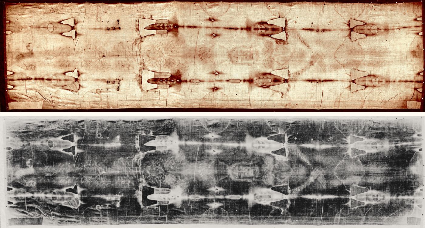 The full length of the Shroud of Turin, shown twice. Top: the cloth as it looks, with a faint figure of a man, front and back, head to head. Bottom: the same image reversed as a negative, where the body stands out clearly.